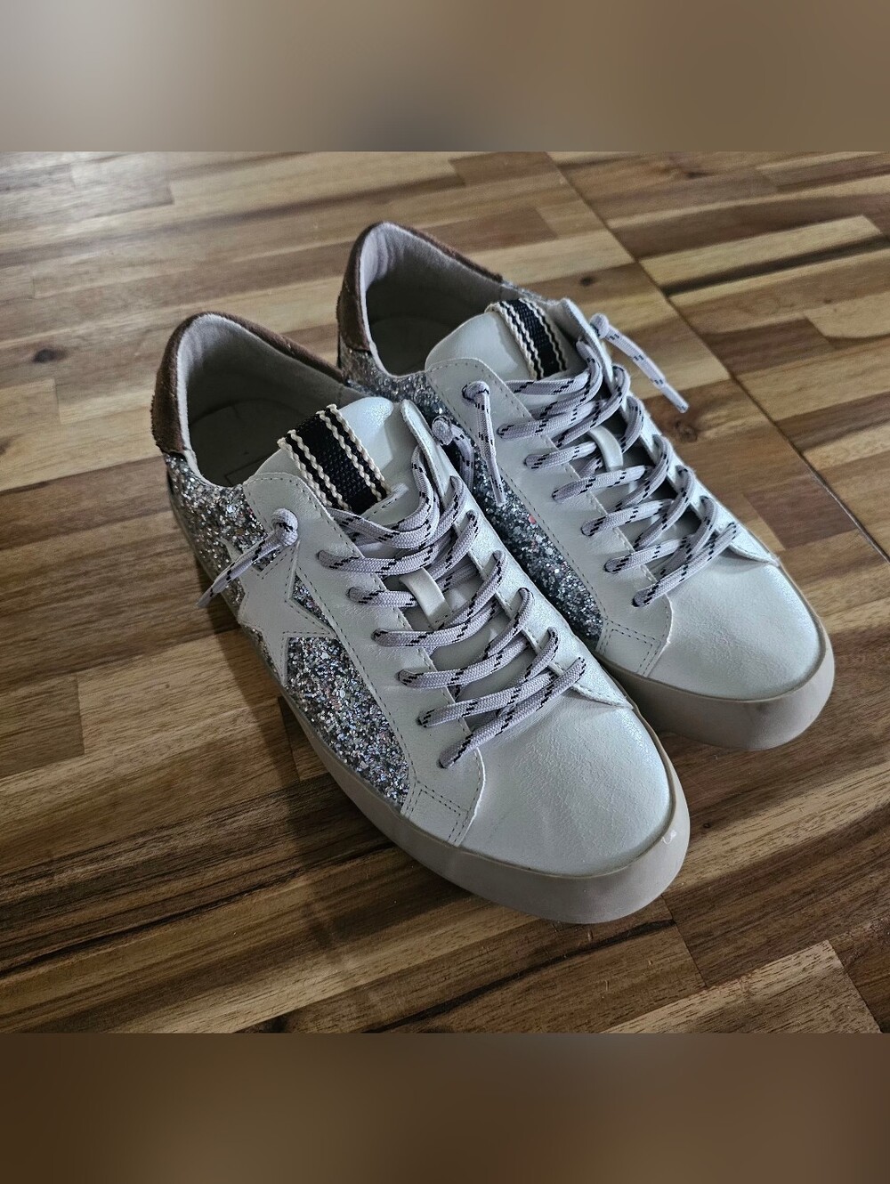 ShuShop White Sneakers with Silver Glitter Star Accent